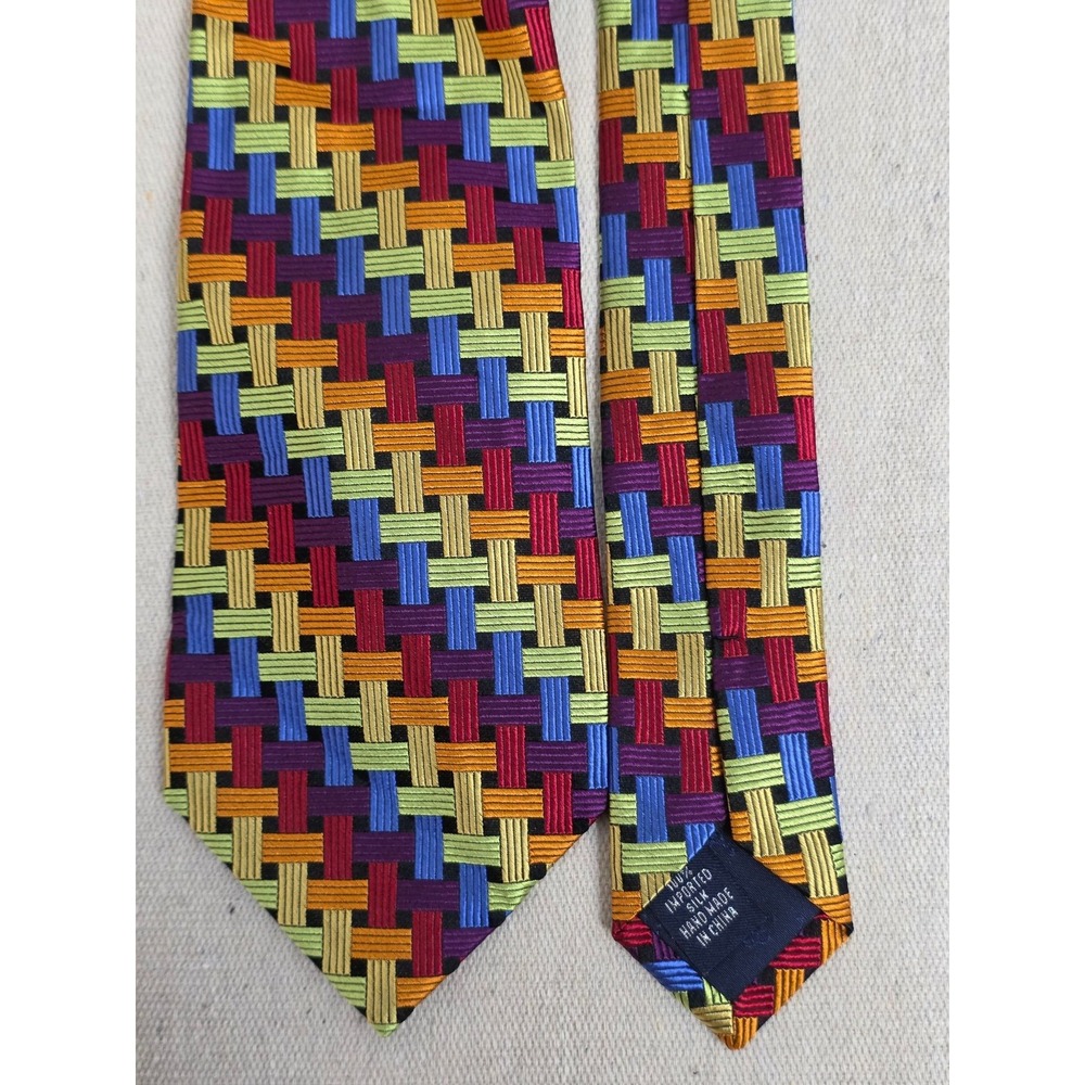 Paul Fredrick Mens Silk Tie Multi Color Basketweave Geometric Hand Made Necktie - Picture 3 of 7